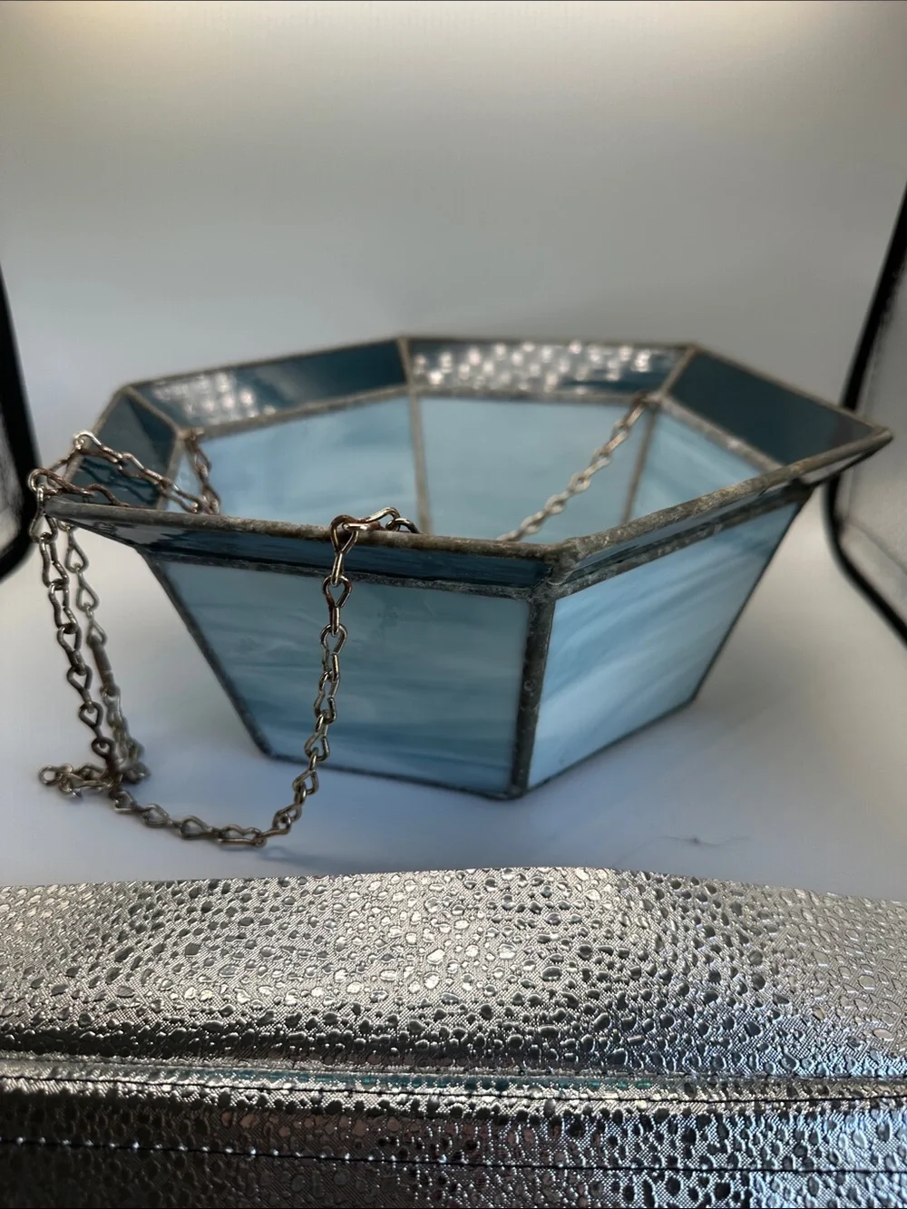Stained Glass Hanging Planter - Light Blue Hexagon